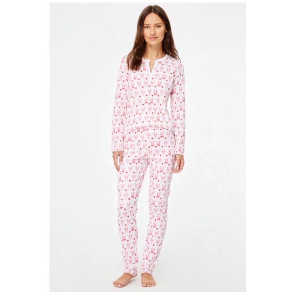 Roller Rabbit Lovestruck Bunny Heart Cotton Pajama Set XL Henley Top Pants - Picture 2 of 8